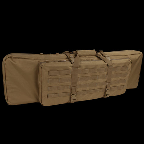 The Condor 42 Double Rifle Case in tan features multiple compartments, MOLLE webbing, and carrying handles—ideal for EDC or range trips—shown against a white background.